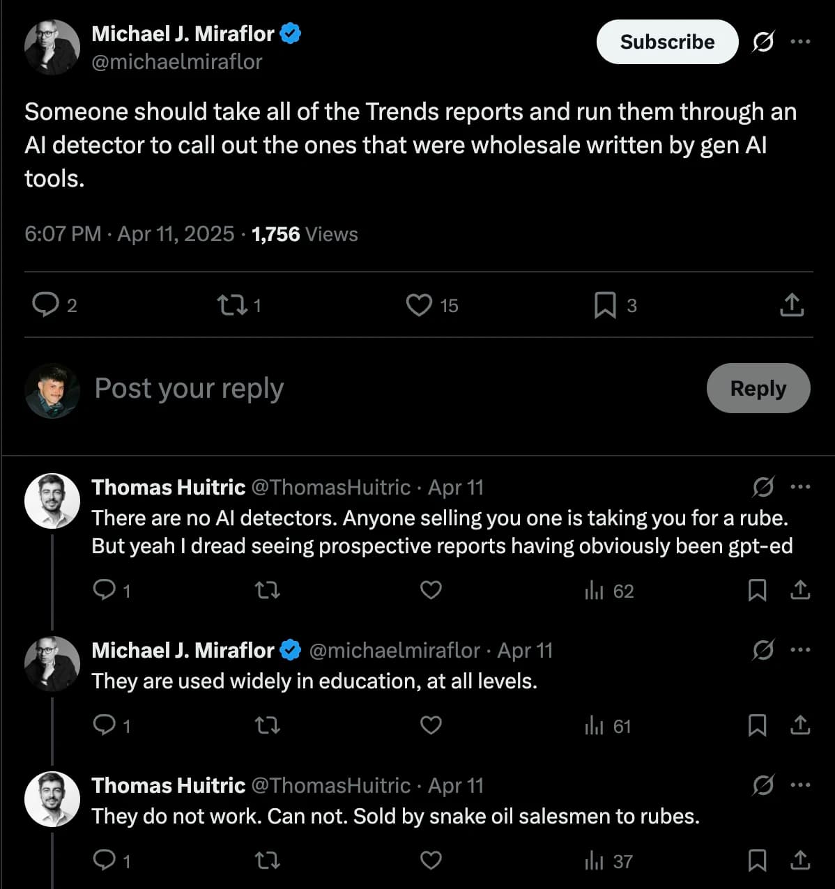 X thread: Michael J. Miraflor suggests running trends reports through an AI detector; Thomas Huitric replies that there are no AI detectors, and that they are sold by snake oil salesmen.