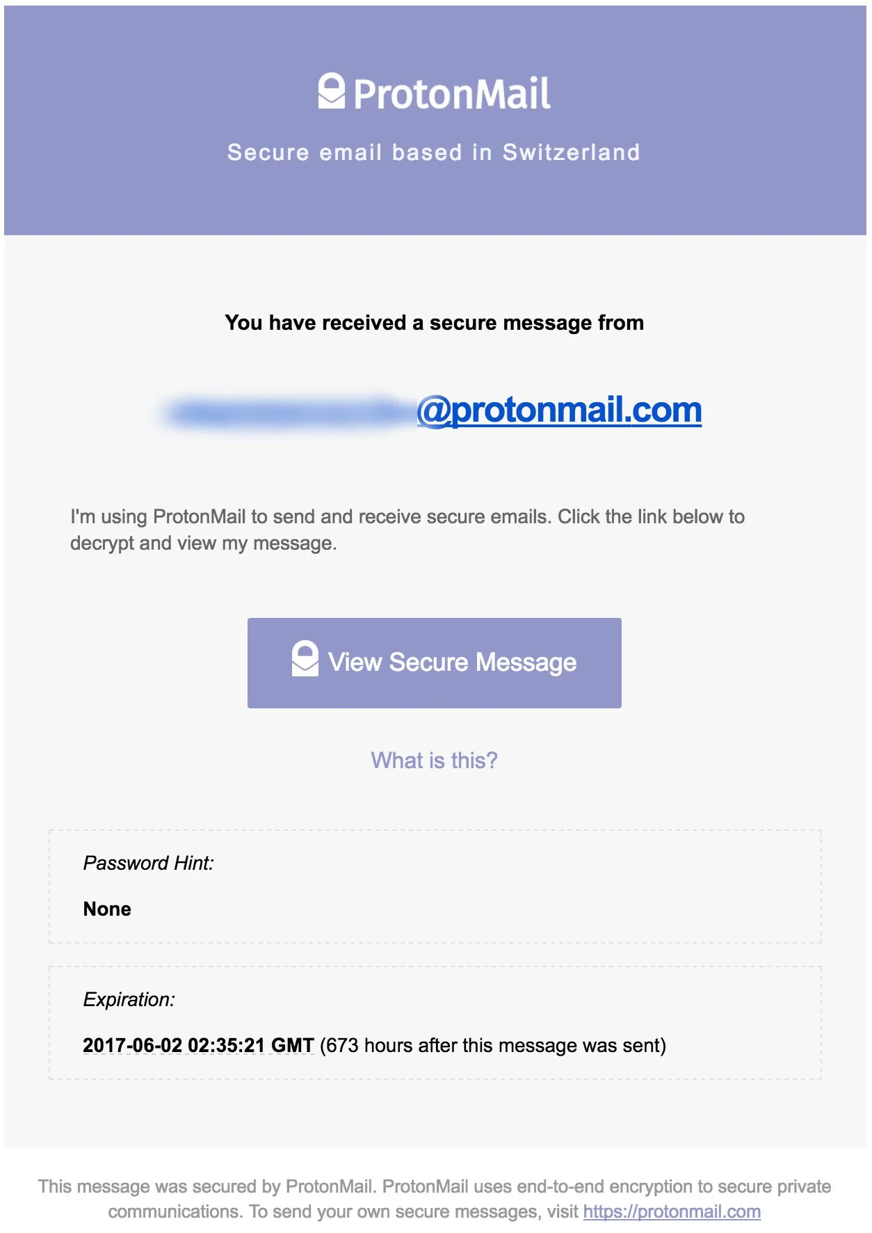 ProtonMail notification email reading “You have received a secure message,” with a View Secure Message button, a password hint and an expiration date.